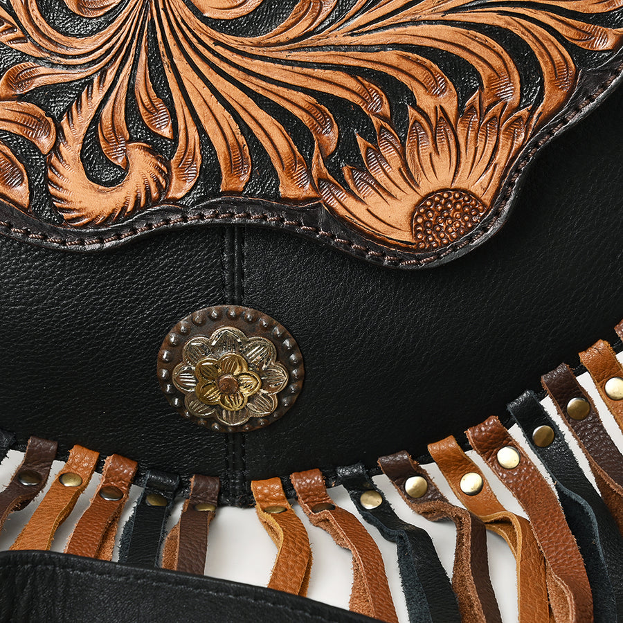 American Darling Western Leather Small Cross body Bag - Eco-Friendly Full Grain Leather Hand Tooled Floral Purse With Fringes