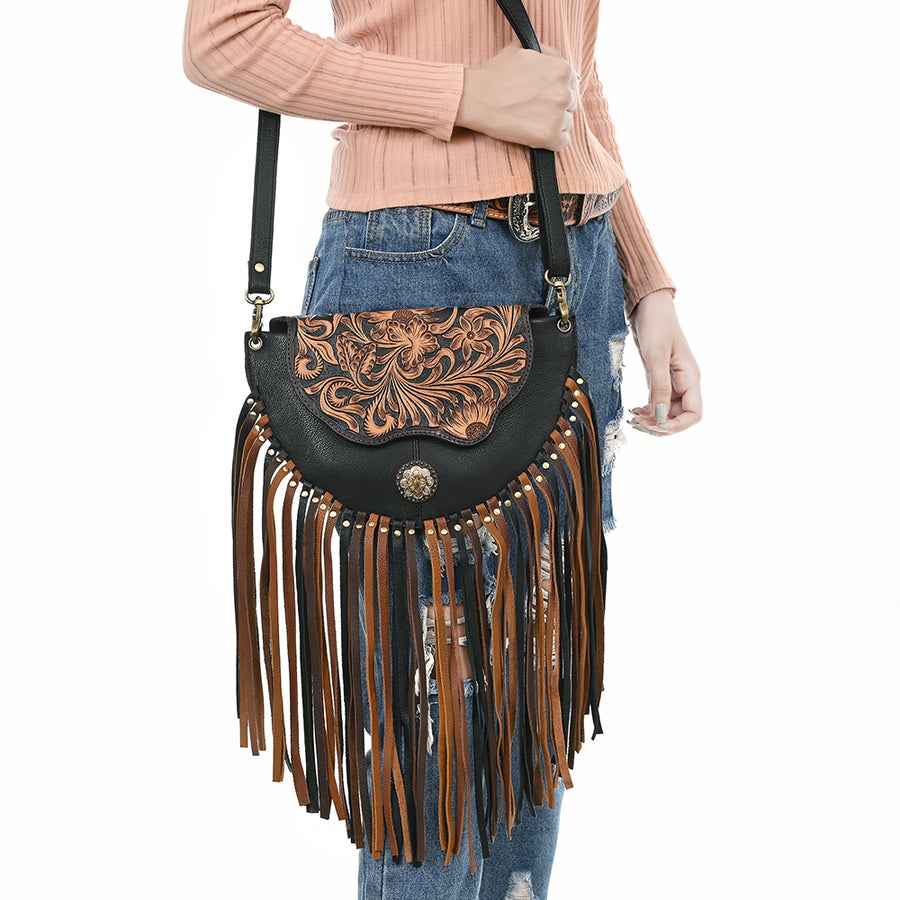 American Darling Western Leather Small Cross body Bag - Eco-Friendly Full Grain Leather Hand Tooled Floral Purse With Fringes