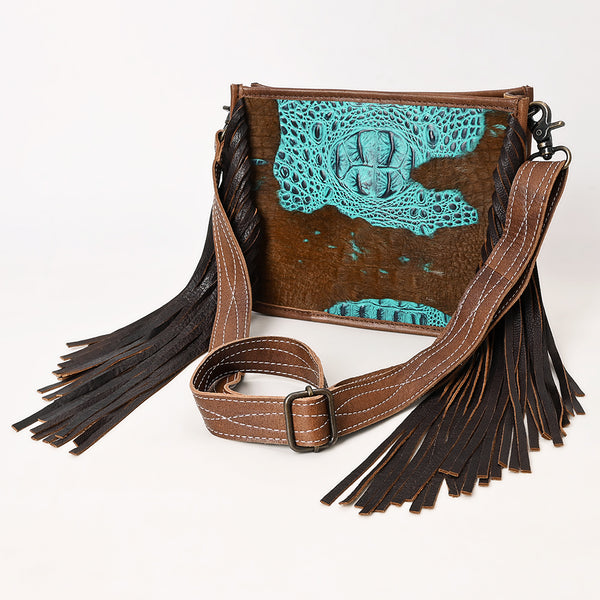 American Darling Western Leather Crossbody Bag with Fringe and Croc Embossed Detailing - Uhorse