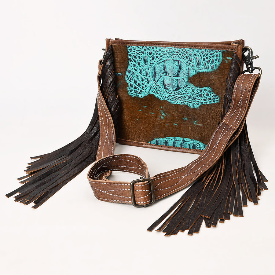 American Darling Western Leather Crossbody Bag with Fringe and Croc Embossed Detailing - Uhorse