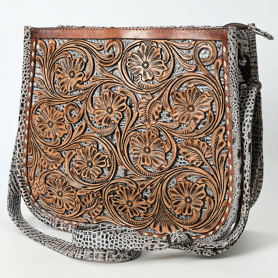 American Darling Western Leather Crossbody Bag with Hand Tooled Floral Carving - Uhorse