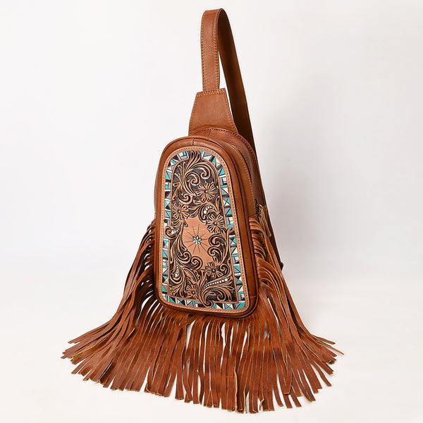 American Darling Western Leather Sling Bag with Hand Tooled Floral Detailing and Fringe - Uhorse
