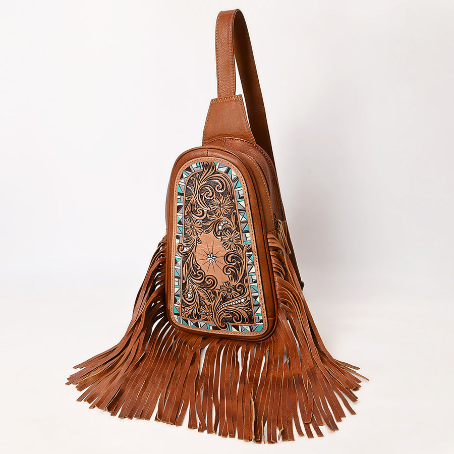American Darling Western Leather Sling Bag with Hand Tooled Floral Detailing and Fringe - Uhorse