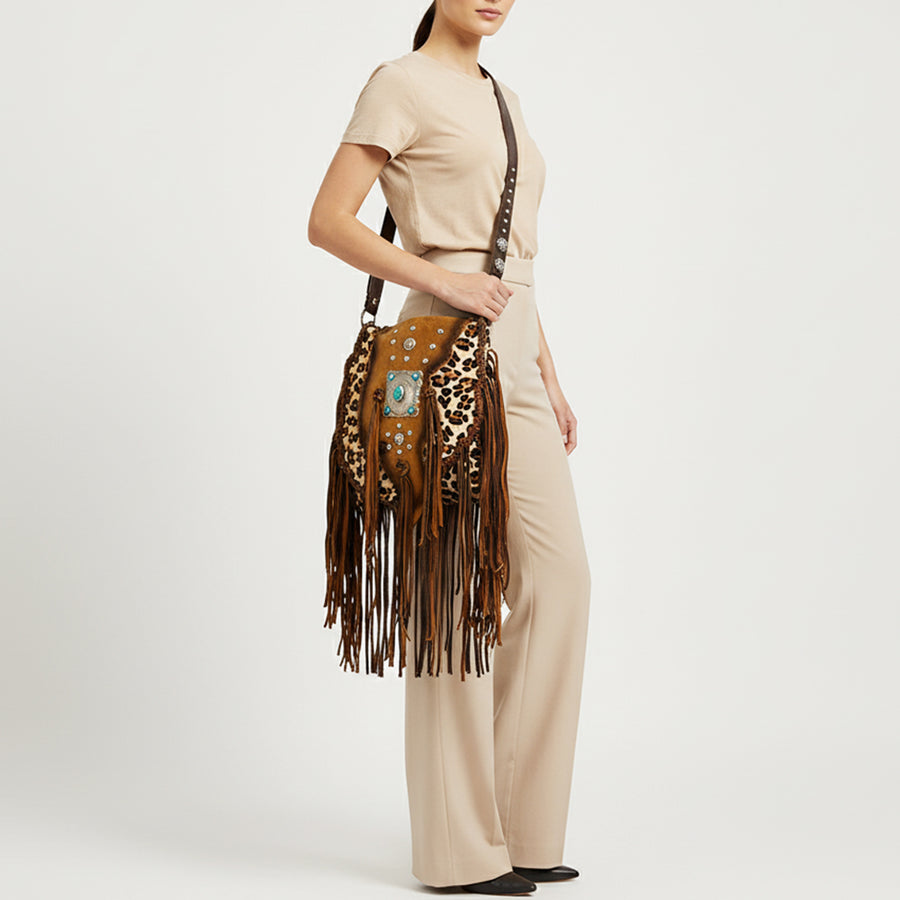 American Darling Messenger Bag Western Hair-On Cowhide Genuine Leather Handcrafted Crossbody Purse with Fringes and YKK Zipper
