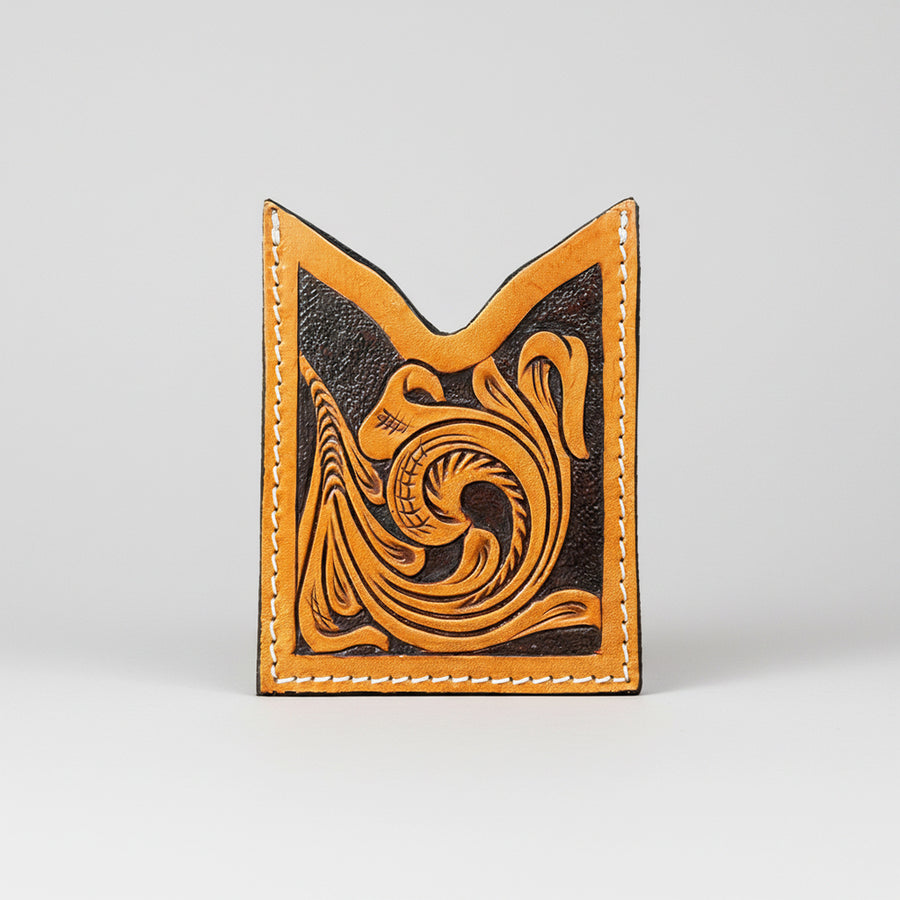 Tan leather card holder with tooled design - Uhorse