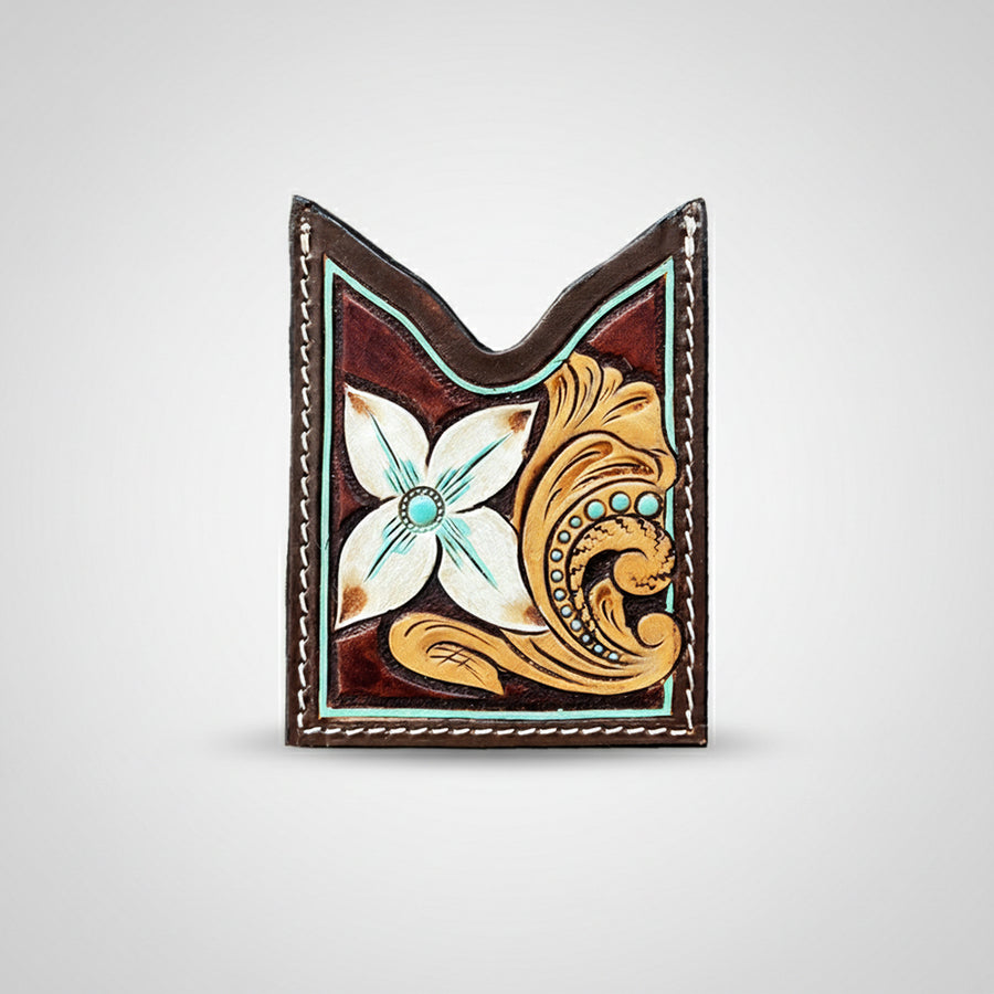 Brown leather card wallet with tooled floral and scroll design - Uhorse