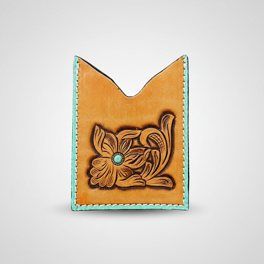 Tan leather card holder with turquoise trim and tooled floral design - Uhorse