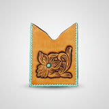 Tan leather card holder with turquoise trim and tooled floral design - Uhorse