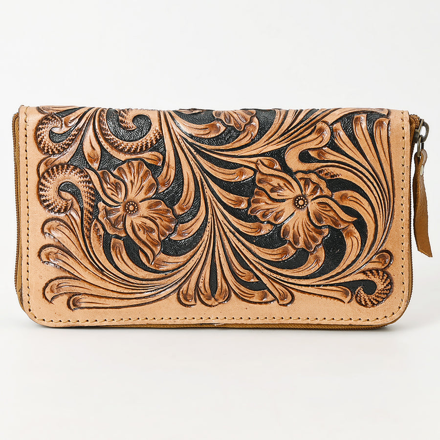 American Darling Hand Tooled Floral Carved Vegetable-Tanned Full Grain Genuine Leather Wristlet Bag with YKK Zipper