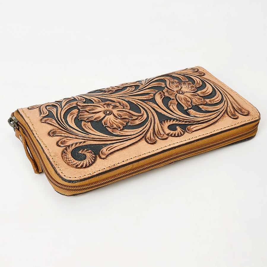 American Darling Hand Tooled Floral Carved Vegetable-Tanned Full Grain Genuine Leather Wristlet Bag with YKK Zipper