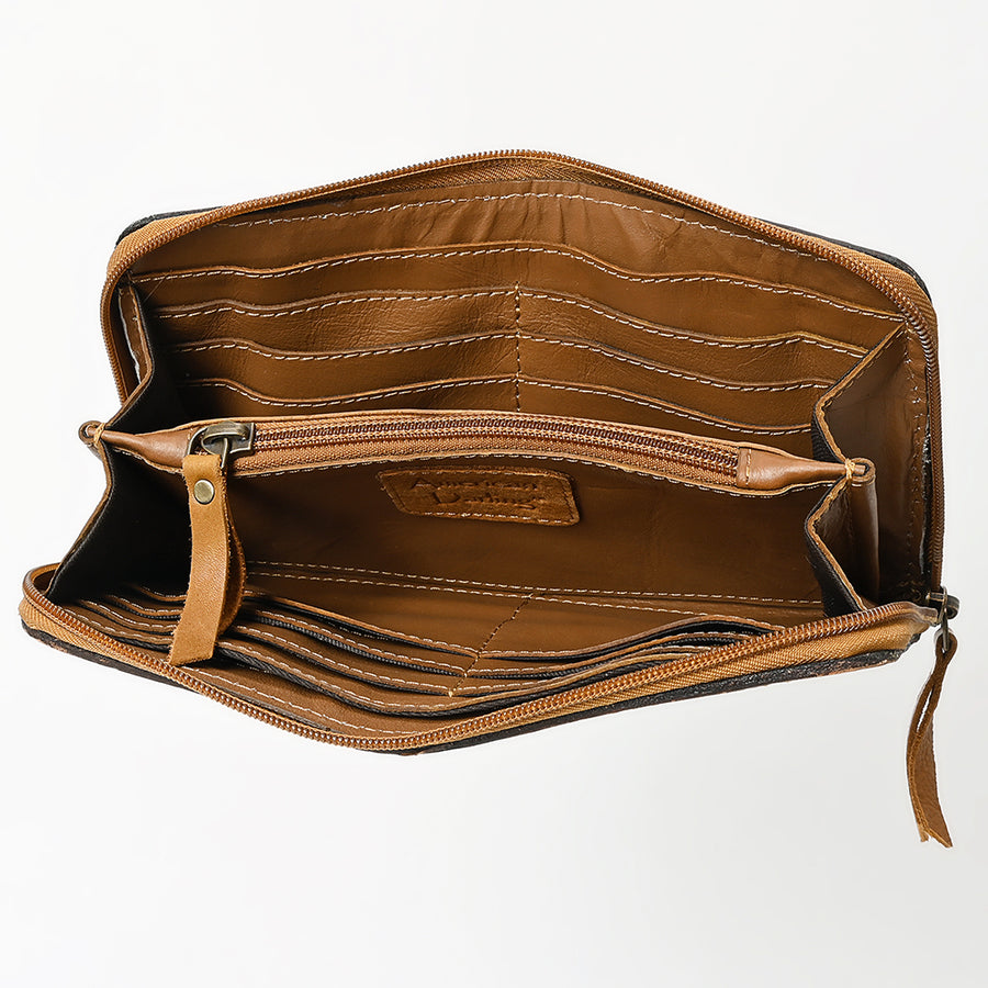 American Darling Hand Tooled Floral Carved Vegetable-Tanned Full Grain Genuine Leather Wristlet Bag with YKK Zipper
