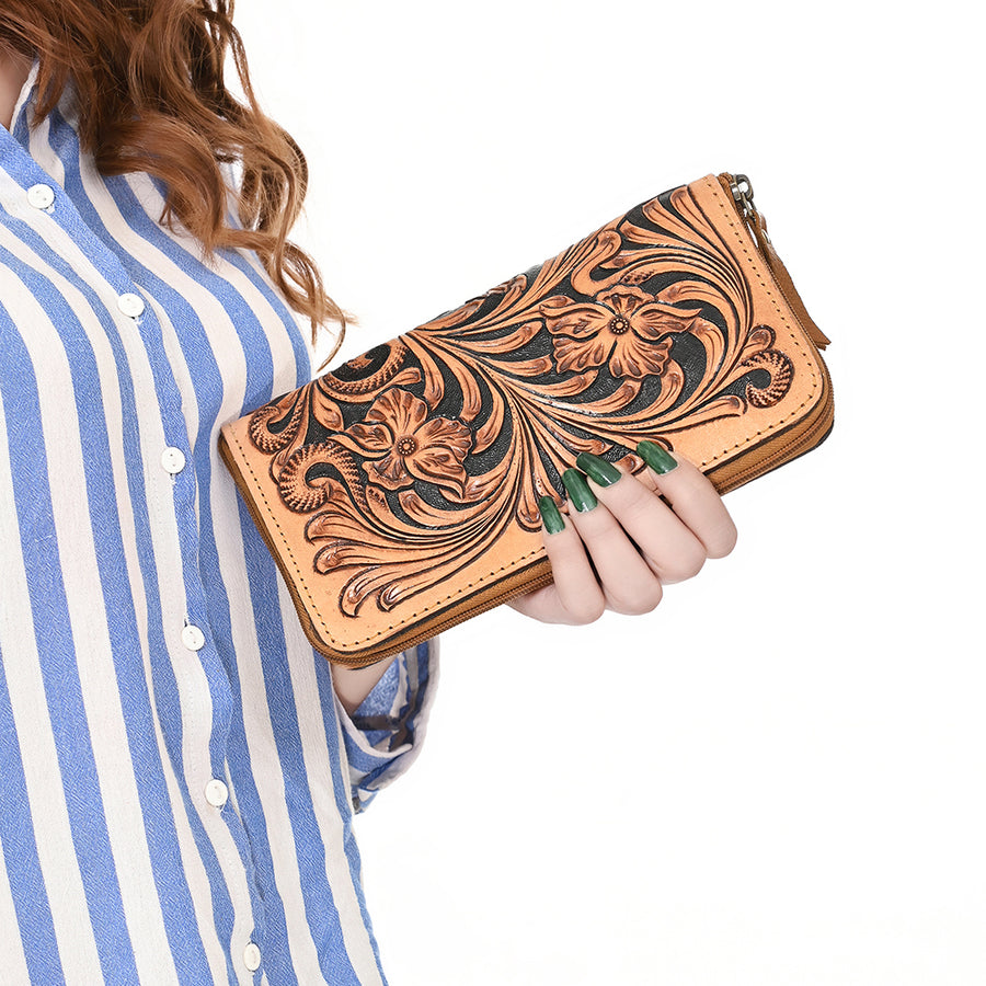 American Darling Hand Tooled Floral Carved Vegetable-Tanned Full Grain Genuine Leather Wristlet Bag with YKK Zipper