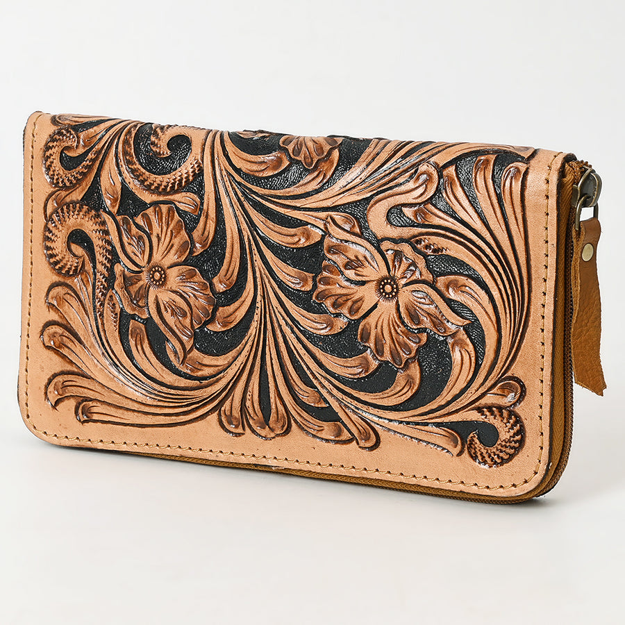 American Darling Hand Tooled Genuine Leather Wristlet Bag Floral Carved - Uhorse