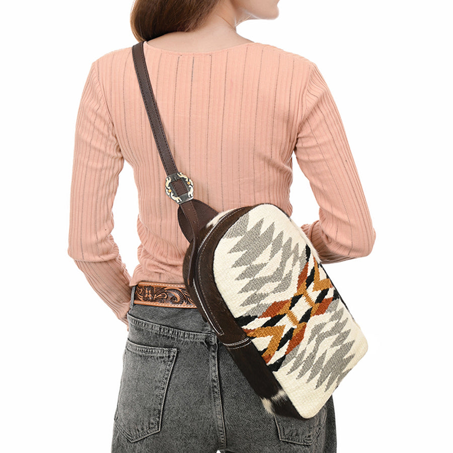 American Darling Hand Woven Saddle Blanket & Hair-On Cowhide Vegetable-Tanned Genuine Leather Sling Bag with YKK Zipper