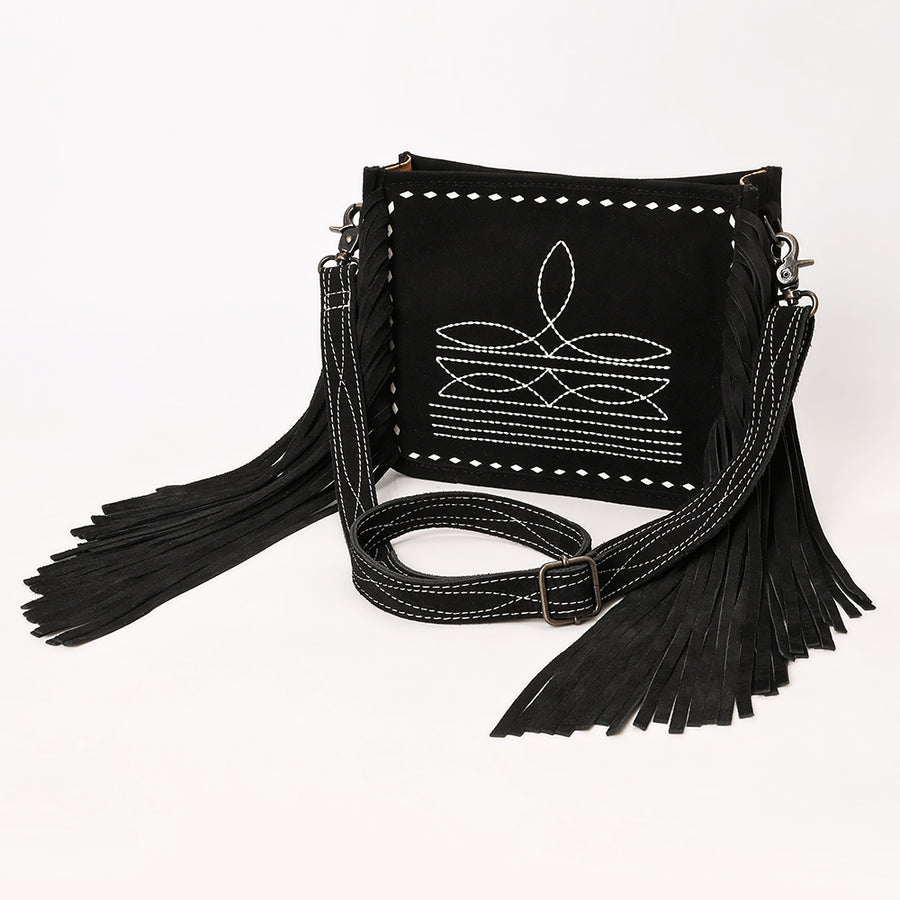 American Darling Black Genuine Suede Leather Crossbody Bag with Fringe and Buck Stitch Detailing - Hilason