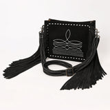 American Darling Black Genuine Suede Leather Crossbody Bag with Fringe and Buck Stitch Detailing - Hilason