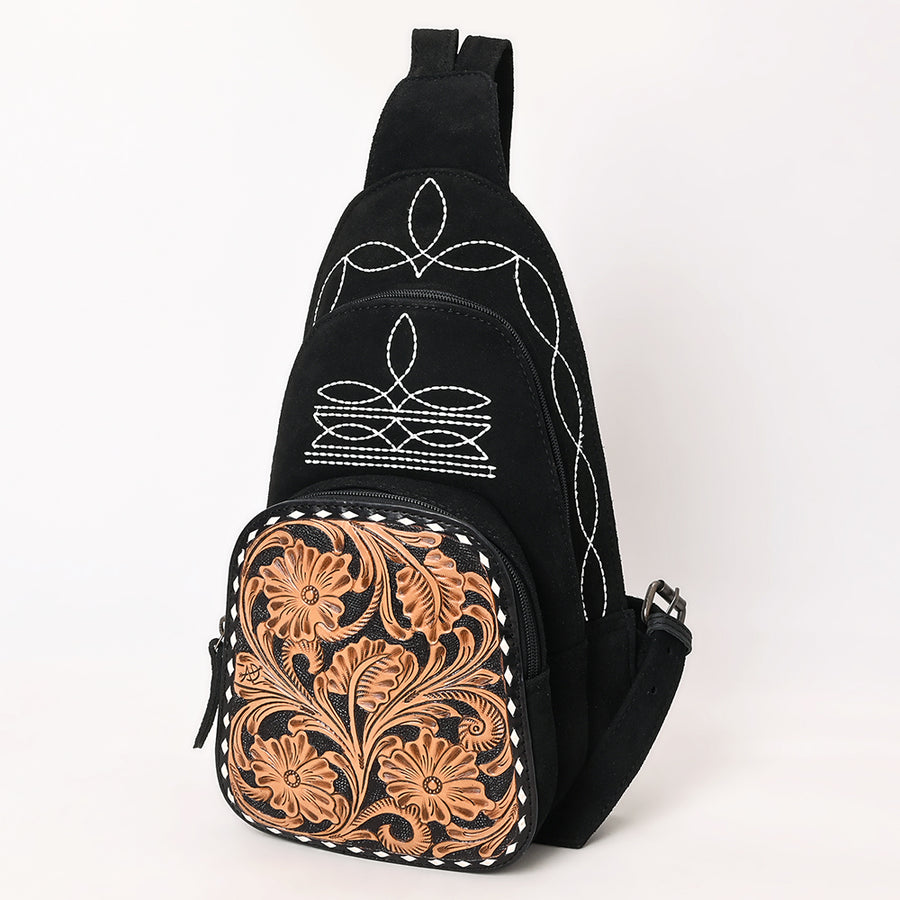 American Darling Black Suede Genuine Leather Sling Bag with Hand Tooled Floral Front and Buck Stitch Details - Hilason