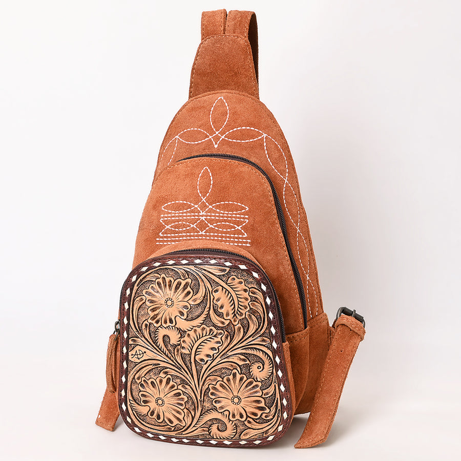American Darling Genuine Suede Leather Sling Bag with Hand Tooled Floral Front and Buck Stitch Details - Hilason