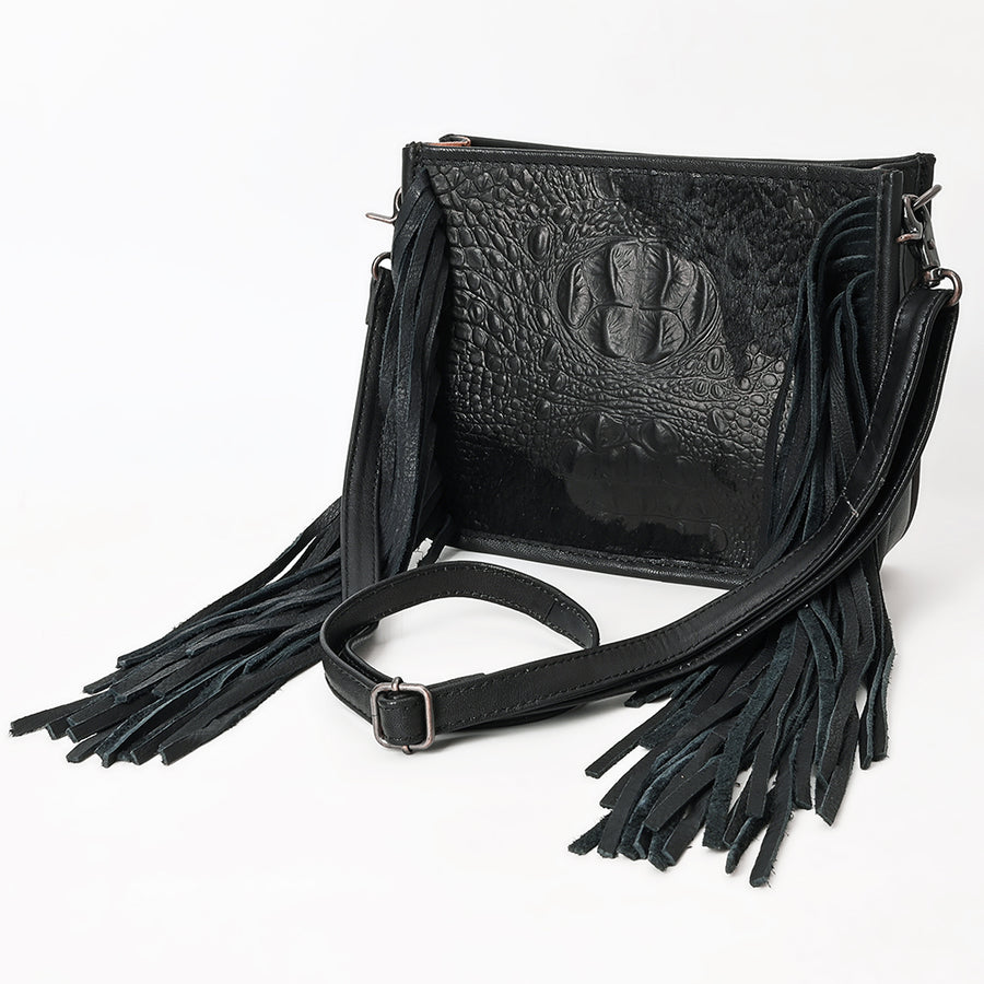 American Darling Western Leather Crossbody Bag with Fringe and Croc Embossed Detailing - Black - Uhorse