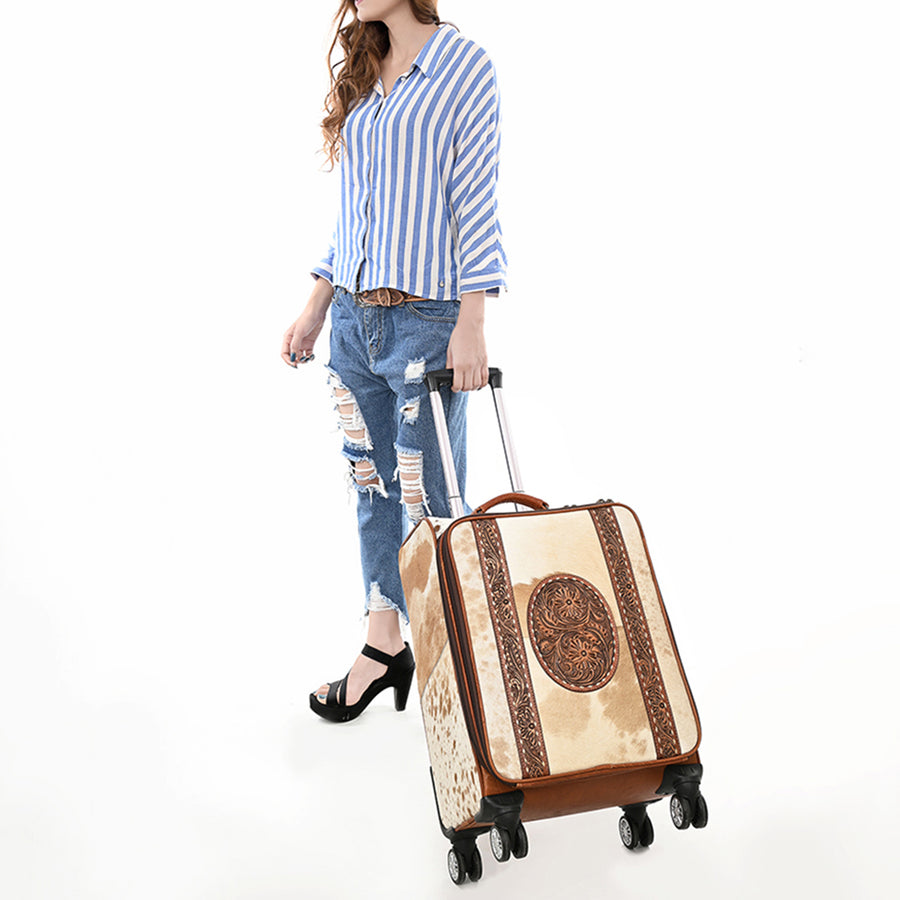 American Darling Travel Case Beautifully Hand Tooled Hair-On Genuine Leather Women Trolley bag