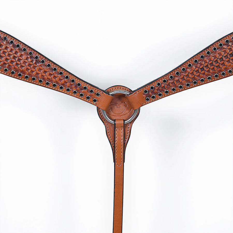 Comfytack Western Horse Headstall Breast Collar Hand Tooled Genuine American Leather Tack Brown | Heavy Duty Adjustable Western Riding Breastplate for Trail Barrel Racing Ranch Show Horse