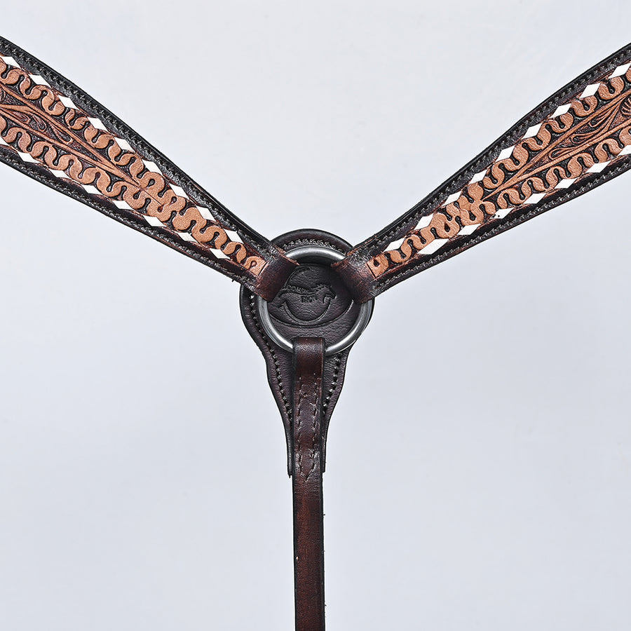 Comfytack Western Horse Headstall Breast Collar Hand Tooled Genuine American Leather Tack Dark Brown | Heavy Duty Adjustable Western Riding Breastplate for Trail Barrel Racing Ranch Show Horse
