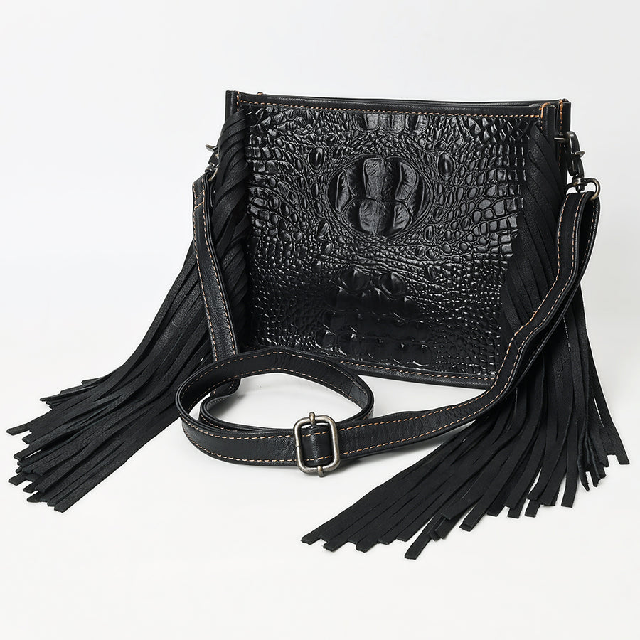 American Darling Western Genuine Leather Cross Body Bag with Fringes and Crocodile Embossed Detailing - Uhorse