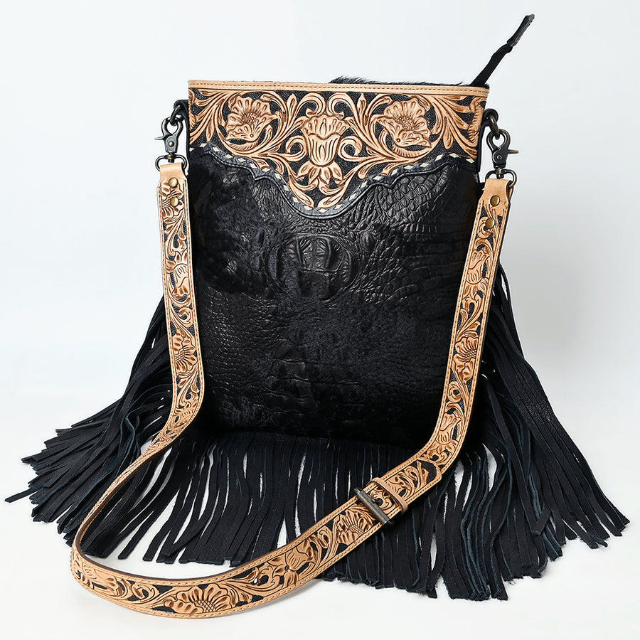 American Darling Western Genuine Crocodile Embossed Leather Large Crossbody Bag with Fringe and Hand-Tooled - Uhorse