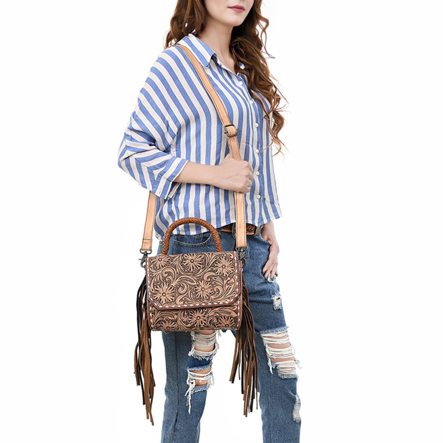 American Darling Hand-Tooled Genuine Leather Messenger Bag with Floral Carving Fringe Buck-Stitching & Crossbody Strap