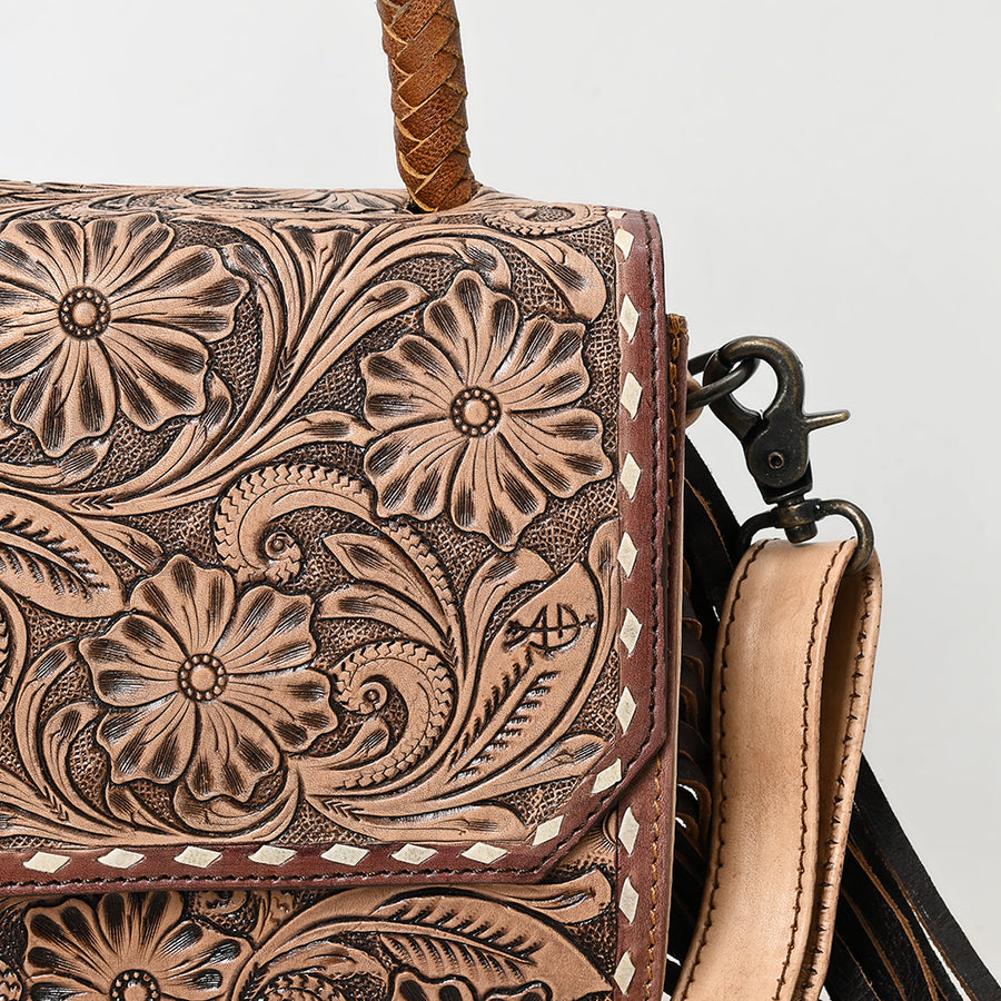 American Darling Hand-Tooled Genuine Leather Messenger Bag with Floral Carving Fringe Buck-Stitching & Crossbody Strap