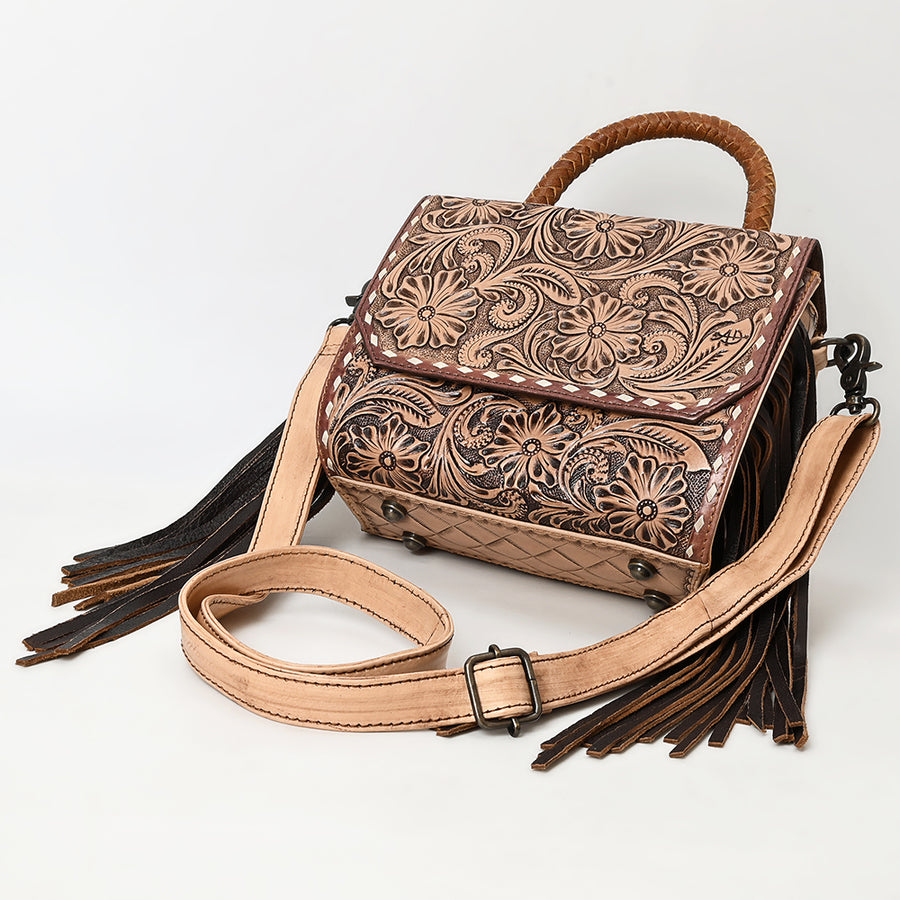 American Darling Hand-Tooled Genuine Leather Messenger Bag with Floral Carving Fringe Buck-Stitching & Crossbody Strap