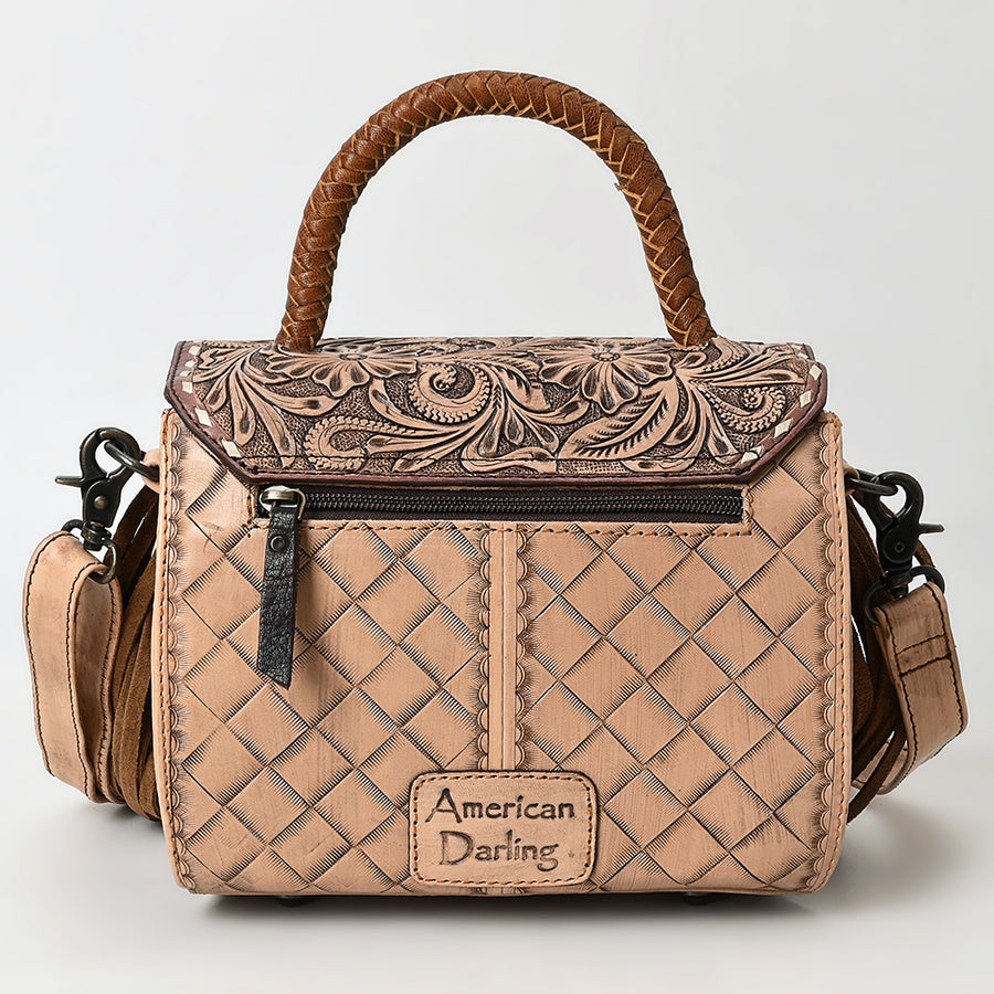 American Darling Hand-Tooled Genuine Leather Messenger Bag with Floral Carving Fringe Buck-Stitching & Crossbody Strap
