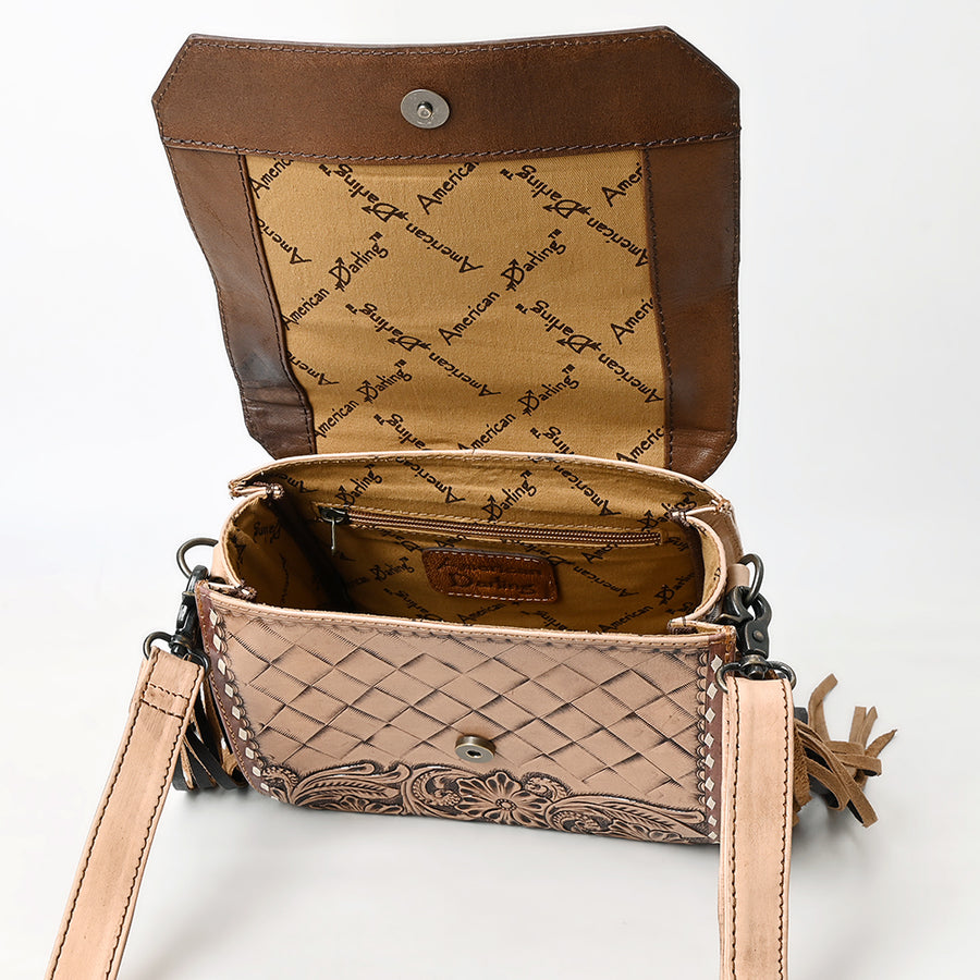 American Darling Hand-Tooled Genuine Leather Messenger Bag with Floral Carving Fringe Buck-Stitching & Crossbody Strap