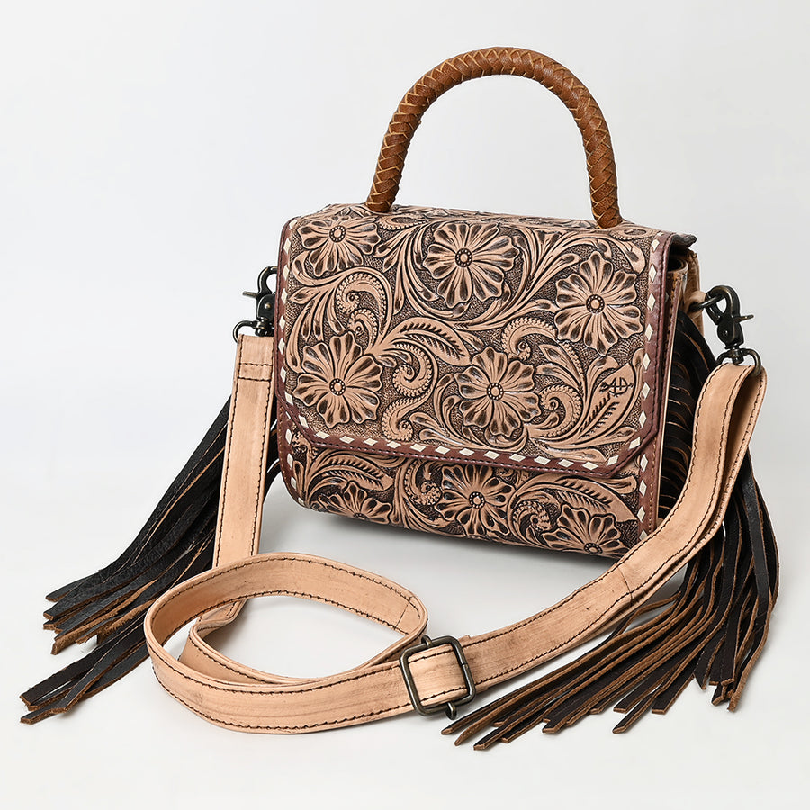 American Darling Hand-Tooled Western Leather Messenger Bag with Fringe and Carved Floral Detailing - Uhorse