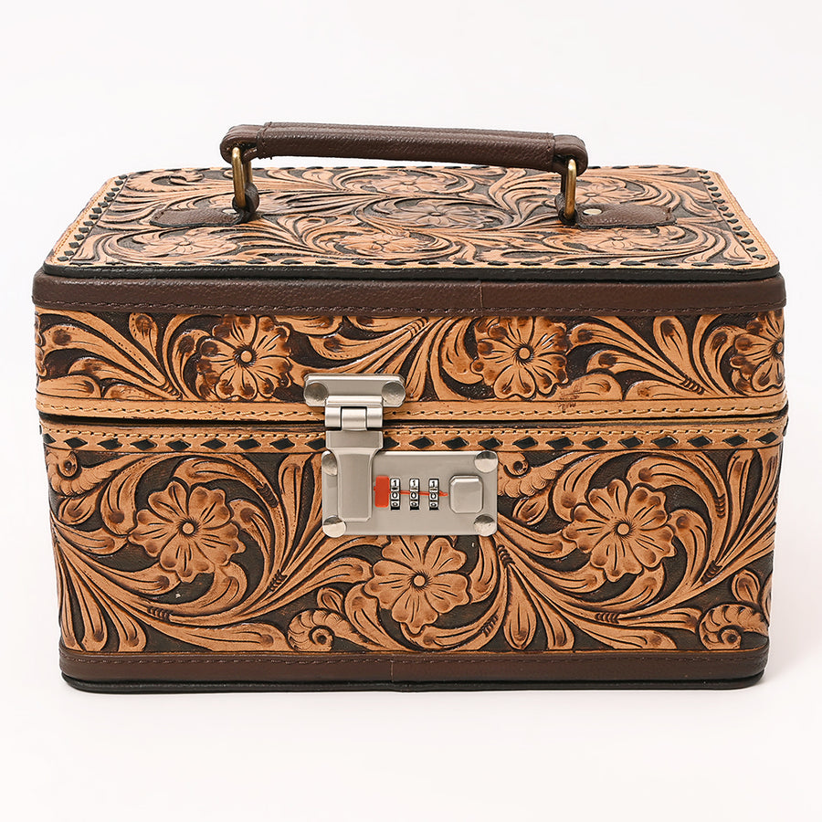 American Darling Hand Tooled Floral Carved Vegetable-Tanned Full Grain Genuine Leather Jewelry case with YKK Zipper