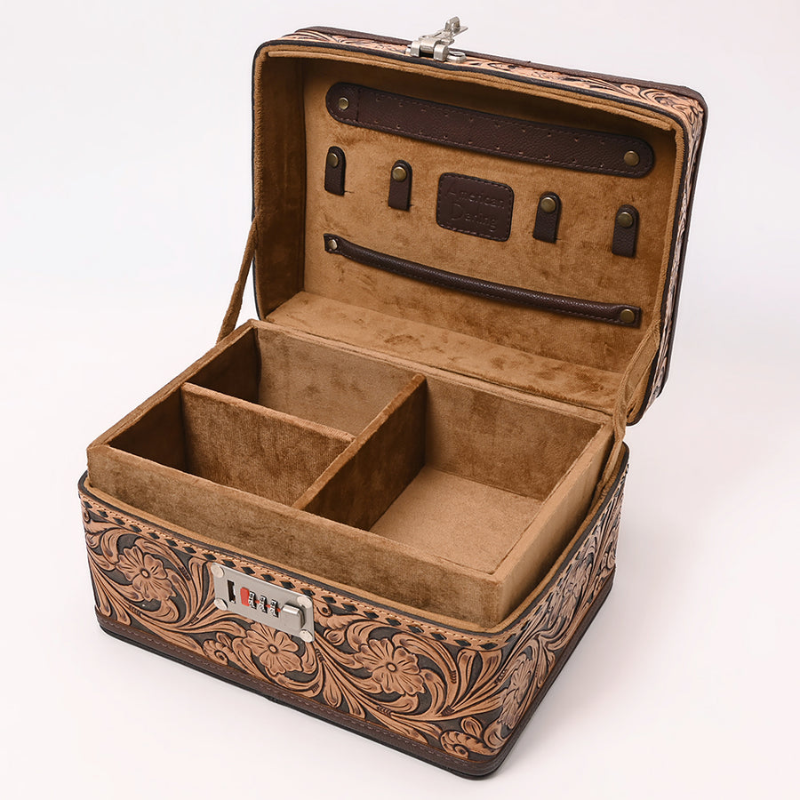 American Darling Hand Tooled Floral Carved Vegetable-Tanned Full Grain Genuine Leather Jewelry case with YKK Zipper