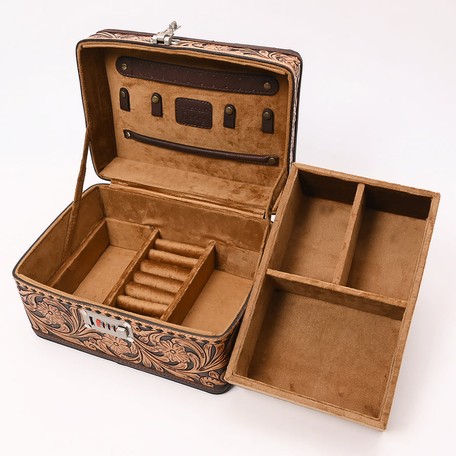 American Darling Hand Tooled Floral Carved Vegetable-Tanned Full Grain Genuine Leather Jewelry case with YKK Zipper