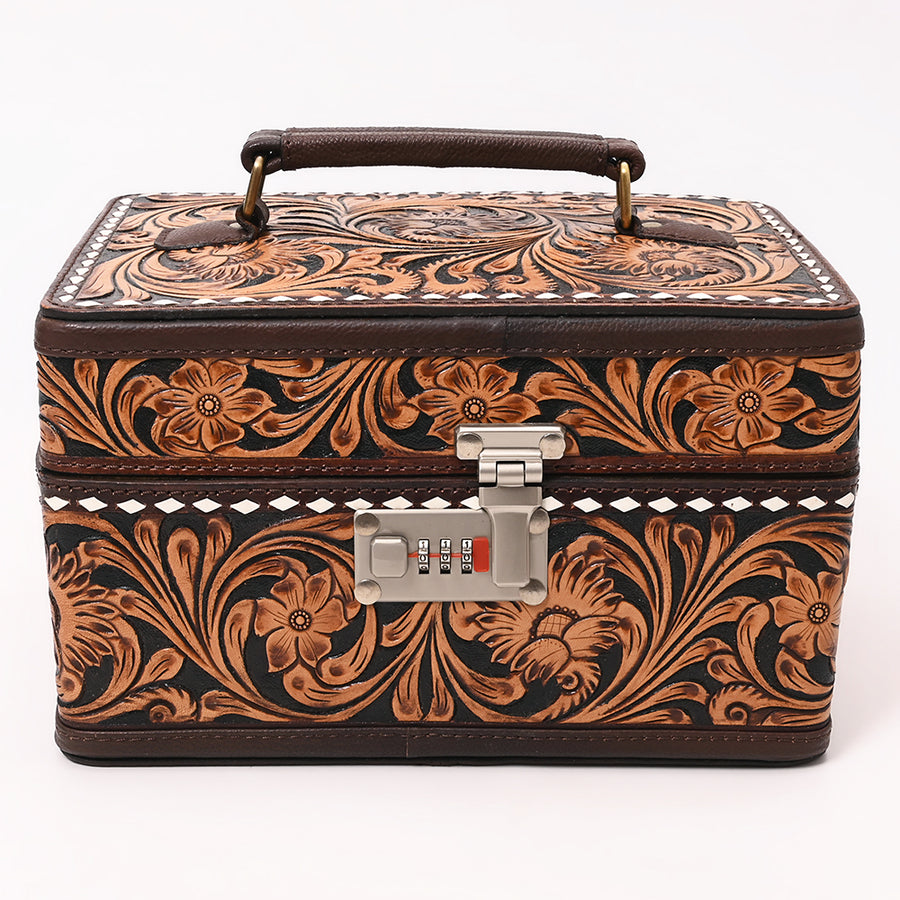 American Darling Hand Tooled Floral Carved Vegetable-Tanned Full Grain Genuine Leather Jewelry Case with YKK Zipper