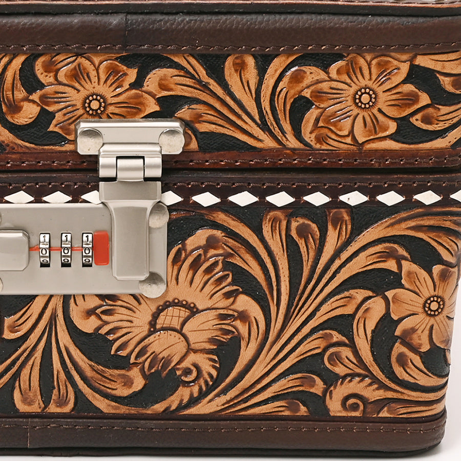 American Darling Hand Tooled Floral Carved Vegetable-Tanned Full Grain Genuine Leather Jewelry Case with YKK Zipper