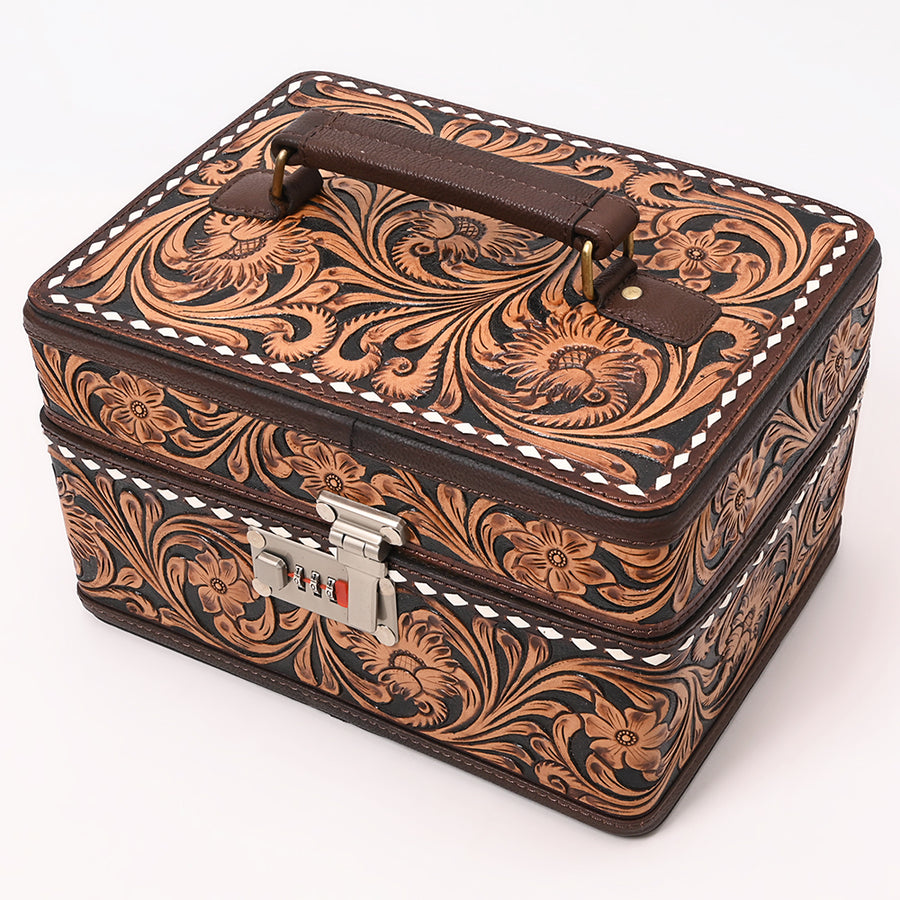 American Darling Hand Tooled Floral Carved Vegetable-Tanned Full Grain Genuine Leather Jewelry Case with YKK Zipper