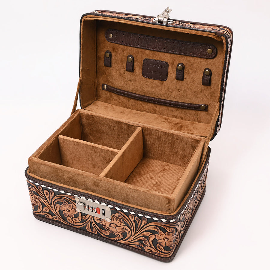 American Darling Hand Tooled Floral Carved Vegetable-Tanned Full Grain Genuine Leather Jewelry Case with YKK Zipper
