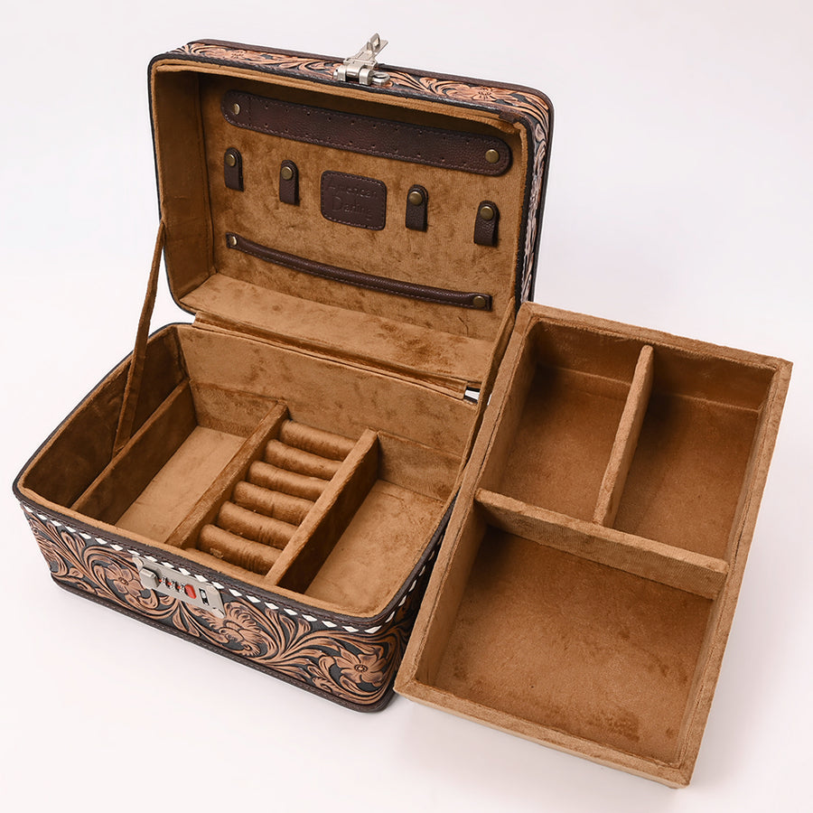 American Darling Hand Tooled Floral Carved Vegetable-Tanned Full Grain Genuine Leather Jewelry Case with YKK Zipper