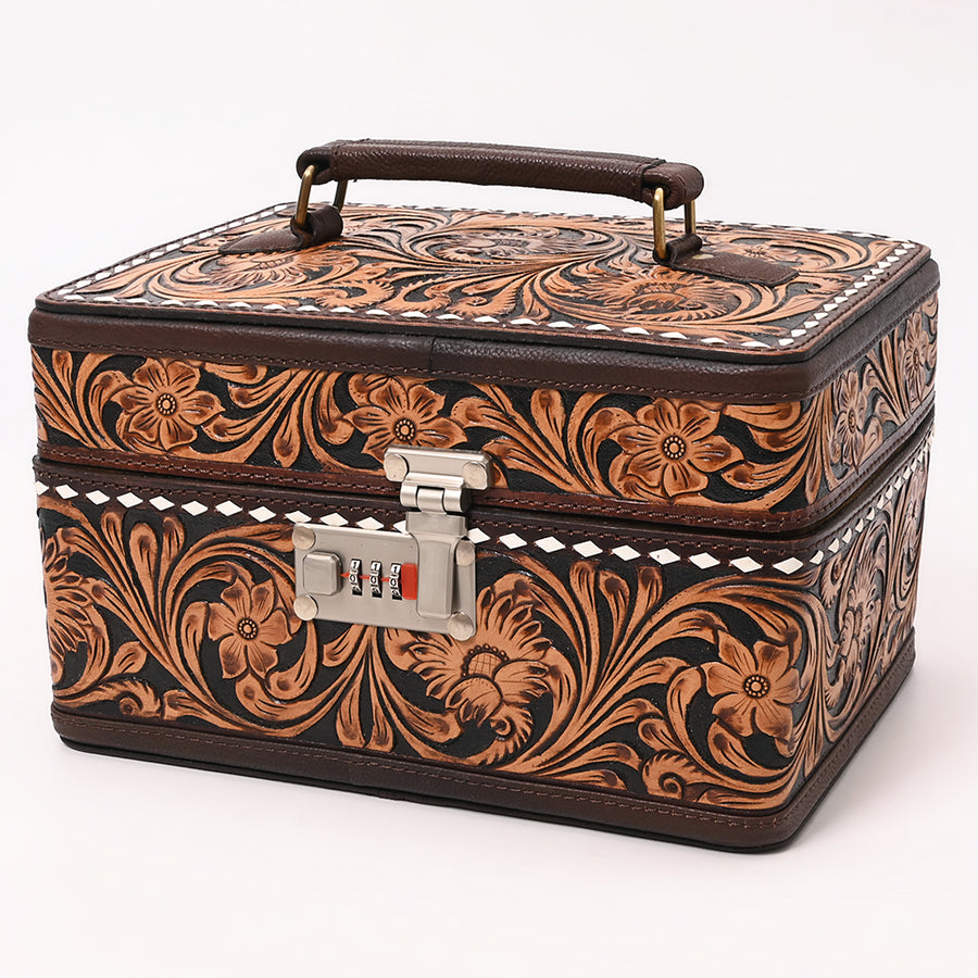 American Darling Hand Tooled Floral Carved Genuine Leather Jewelry Case - Uhorse