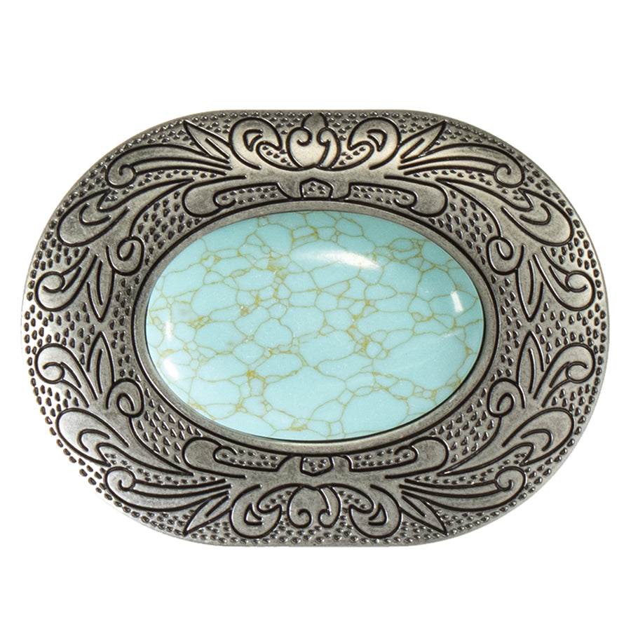 3-3/4 X 2-3/4 Blazin Roxx Oval Buckle Turquoise Stone Engraved Scrolling Antique Silver Finish - Uhorse