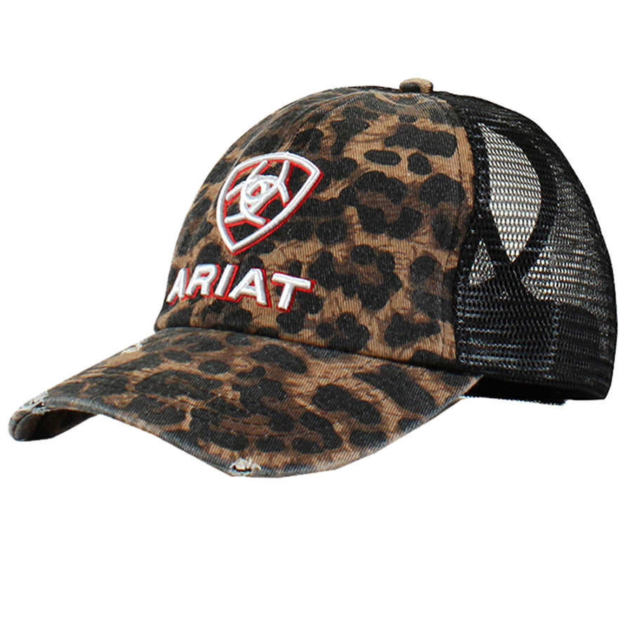 Ariat Logo Crown Hat Cap Leopard & Black Mesh Snapback Adjustable – by Hilason – Cowboy and equestrian accessories