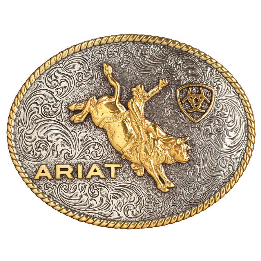 ARIAT Oval Rope Edge Bull Riding Belt Buckle Antique Silver and Gold by Hilason – Cowboy and equestrian accessories