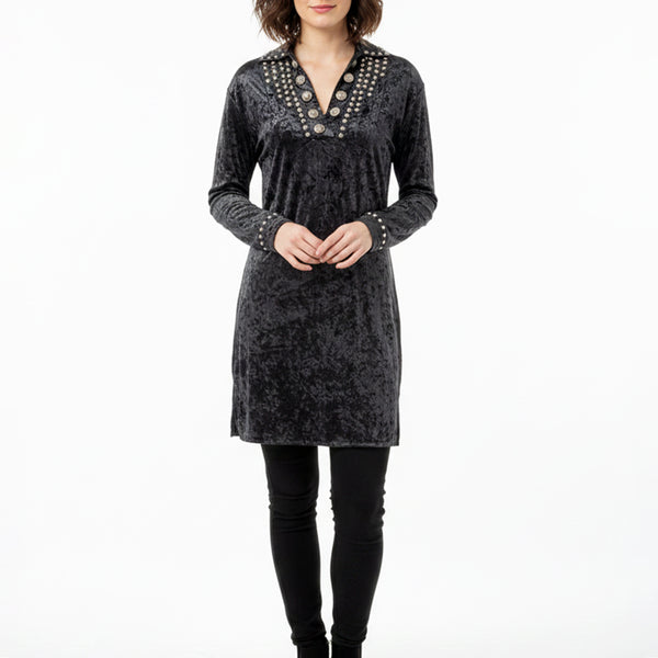 Charcoal velvet tunic dress with studded neckline - Uhorse