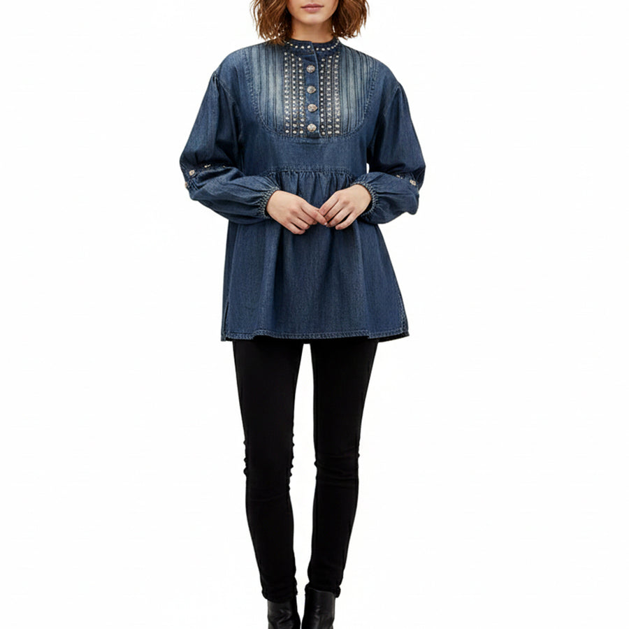 American Darling Women's Vintage Denim Tunic Top - Studded Western Shirt, Antique Rivet Detail - Uhorse