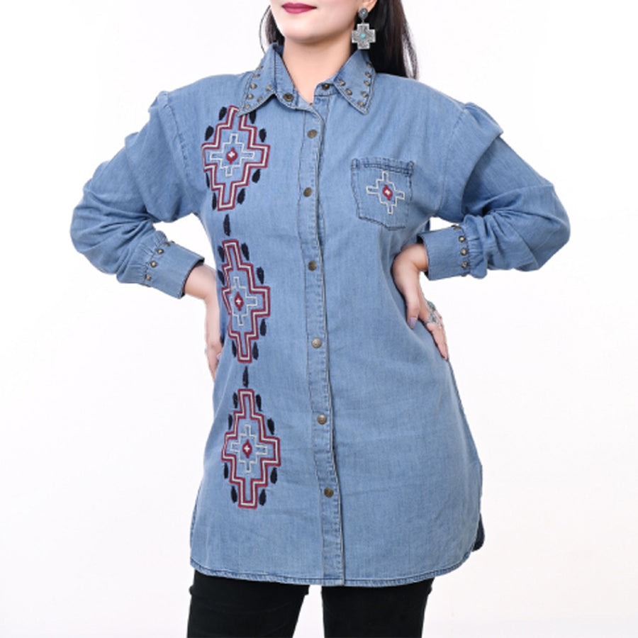 American Darling ADDR017 Denim Women shirt Jacket Dress Tunic Ladies Girl Top Denim Blue - Uhorse