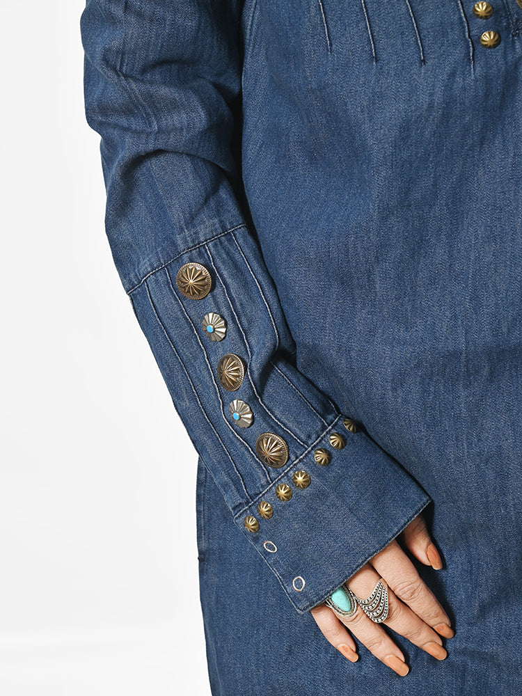 American Darling Women’s Vintage Denim Western Dress – Studded Tunic with Antique Rivets, Premium Cotton